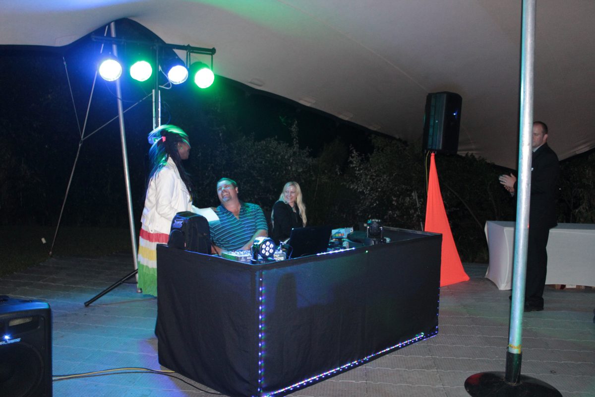 Audio-visual technician's desk at a conference event