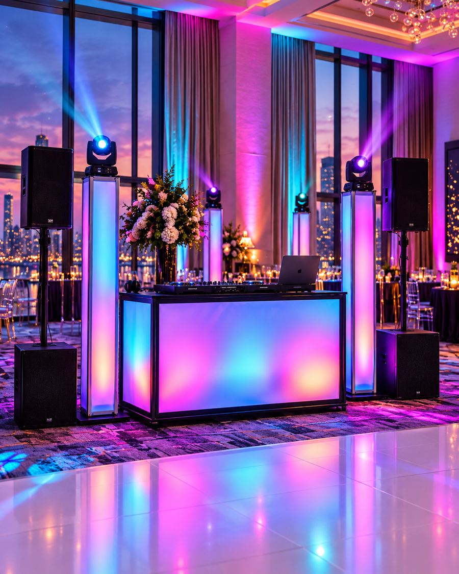 DJ booth and lighting set up for an evening reception overlooking the city skyline